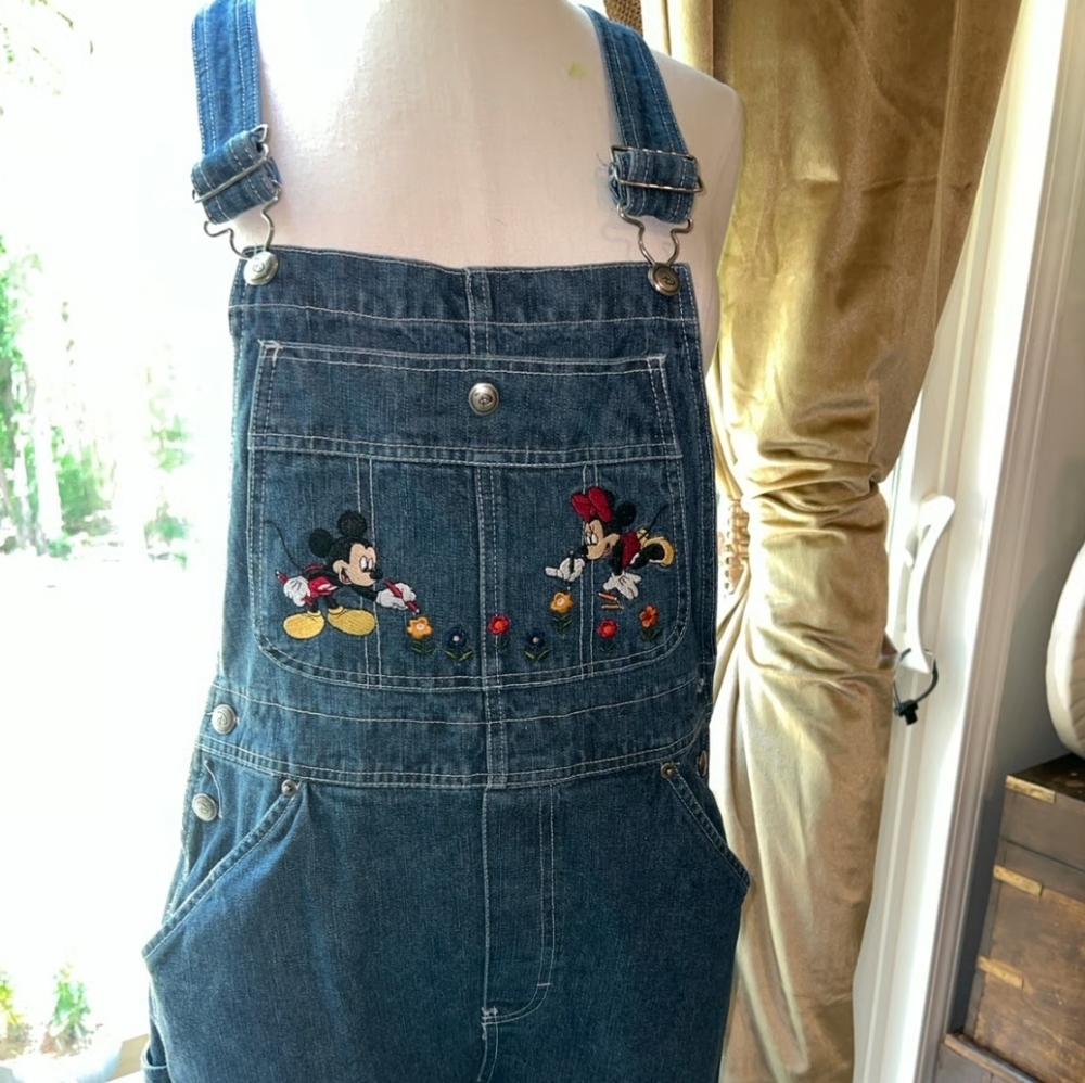 Vintage 90's Disney Embroidered Minnie & Mickey Denim Cotton Overalls Plus Sz 2X